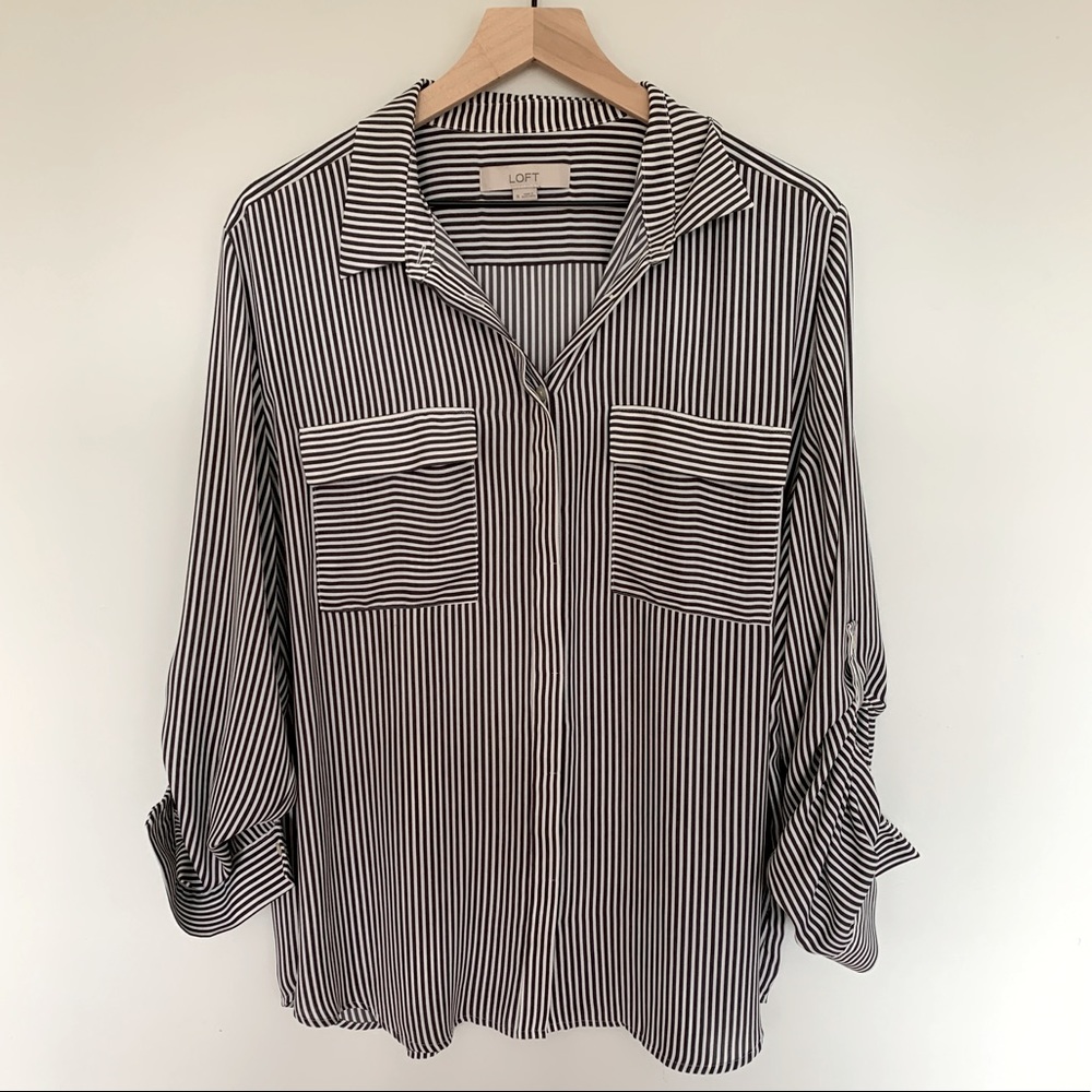 Loft black and white striped utility blouse XL